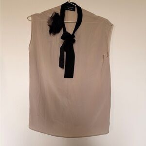 Lanvin Beige Silk Sleeveless Top with Black Neck Bow
